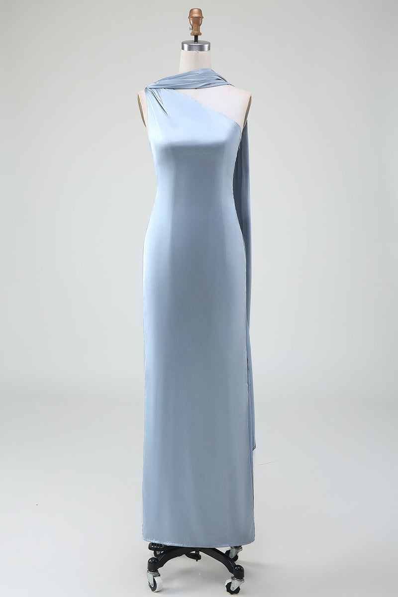 Load image into Gallery viewer, Blue Sheath One Shoulder Satin Long Bridesmaid Dress