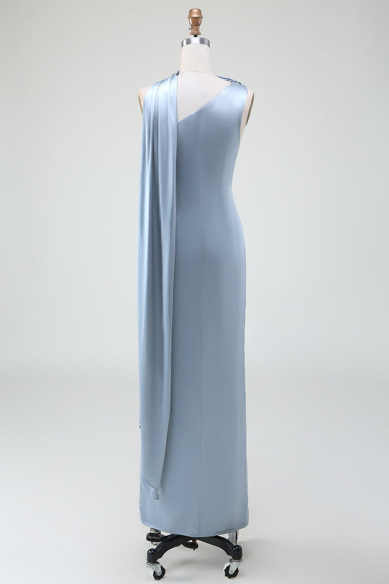 Load image into Gallery viewer, Blue Sheath One Shoulder Satin Long Bridesmaid Dress