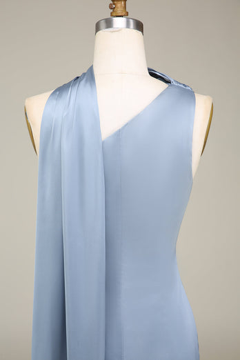 Blue Sheath One Shoulder Satin Long Bridesmaid Dress