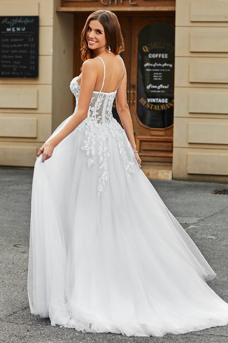 Load image into Gallery viewer, Ivory A-Line Spaghetti Straps Corset Lace Tulle Long Wedding Dress