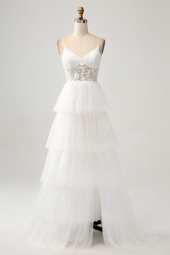 Ivory A-Line Tulle Tiered Corset Long Wedding Dress with Slit
