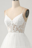 Ivory A-Line Tulle Tiered Corset Long Wedding Dress with Slit