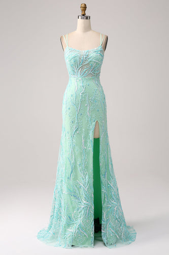 Green Mermaid Spaghetti Straps Sequins Long Prom Dress with Slit