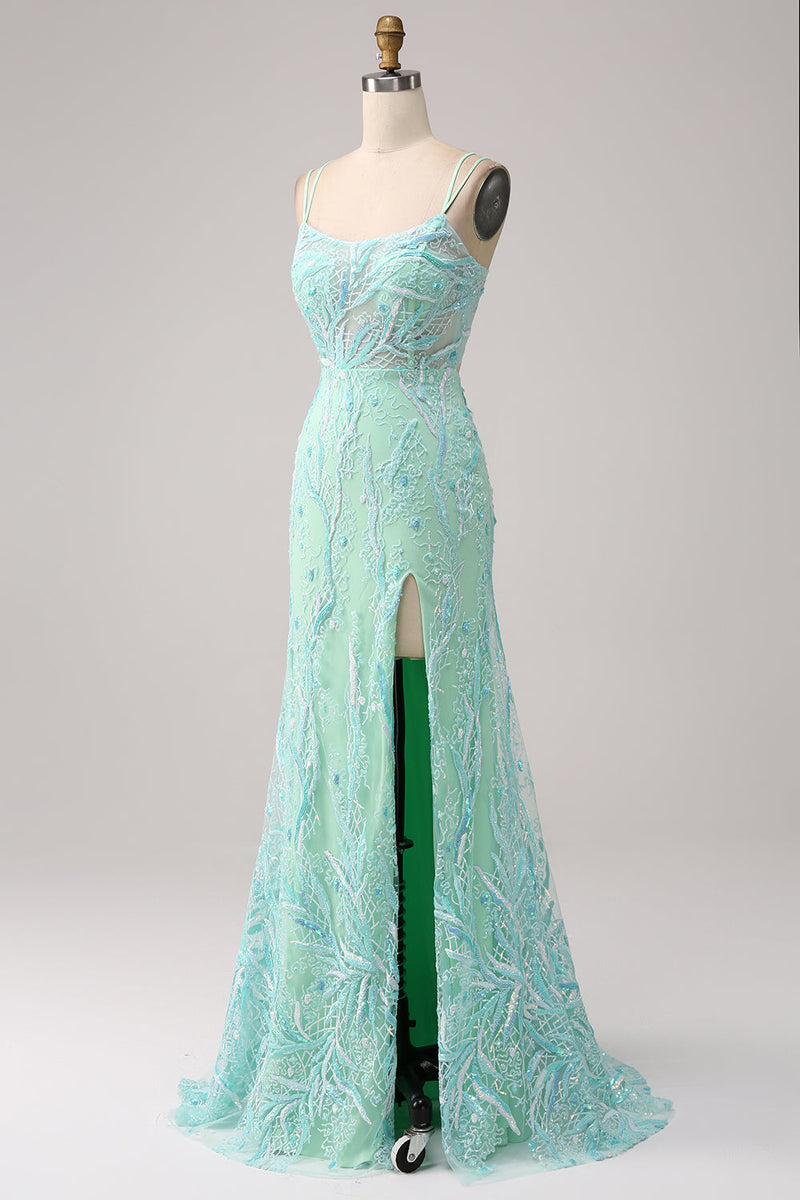 Load image into Gallery viewer, Green Mermaid Spaghetti Straps Sequins Long Prom Dress with Slit