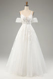 Ivory A-Line Tulle Spaghetti Straps Wedding Dress with Appliques