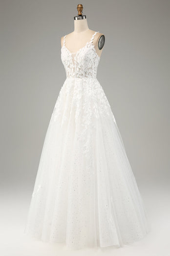 Ivory A-Line Tulle Spaghetti Straps Wedding Dress with Appliques