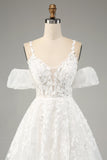 Ivory A-Line Tulle Spaghetti Straps Wedding Dress with Appliques