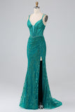 Dark Green Sparkly Mermaid Spaghetti Straps Corset Prom Dress With Slit