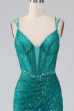 Dark Green Sparkly Mermaid Spaghetti Straps Corset Prom Dress With Slit