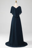Navy A-Line V-Neck Plus Size Chiffon Mother of the Bride Dress with Ruffles