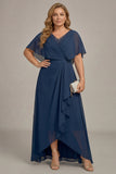 Navy A-Line V-Neck Plus Size Chiffon Mother of the Bride Dress with Ruffles