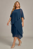 Navy Plus Size Chiffon A-Line Boat Neck Midi Mother of the Bride Dress