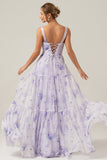 Lilac Corset Floral Print A-Line Long Bridesmaid Dress