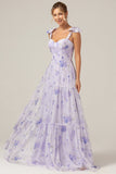 Lilac Corset Floral Print A-Line Long Bridesmaid Dress