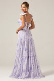 Lilac Corset Floral Print A-Line Long Bridesmaid Dress