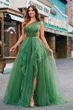 Dark Green Tulle A-Line One-Shoulder Long Prom Dress with Slit