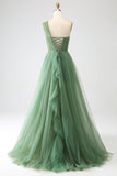 Dark Green Tulle A-Line One-Shoulder Long Prom Dress with Slit