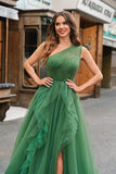 Dark Green Tulle A-Line One-Shoulder Long Prom Dress with Slit