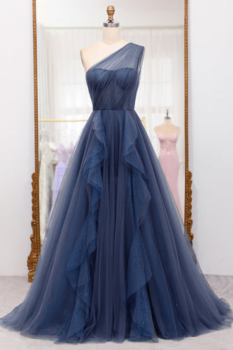 Navy Tulle A-Line One-Shoulder Long Prom Dress