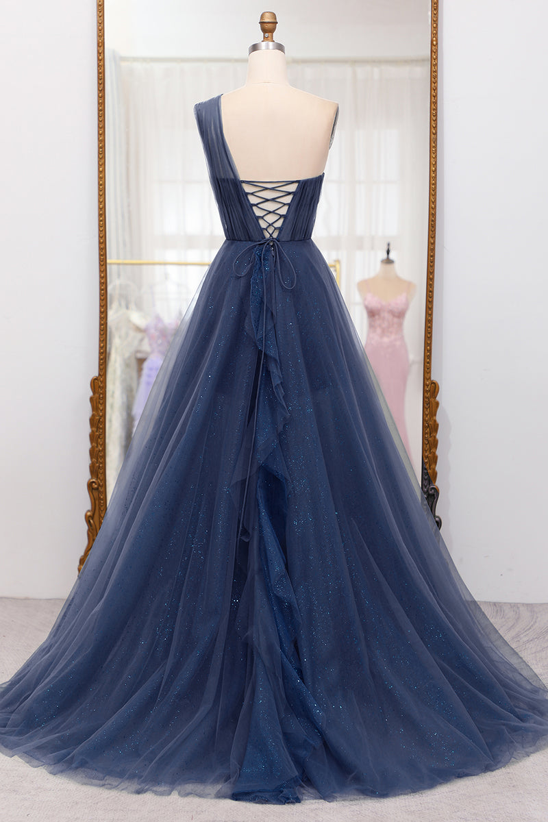 Load image into Gallery viewer, Navy Tulle A-Line One-Shoulder Long Prom Dress