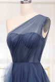Navy Tulle A-Line One-Shoulder Long Prom Dress