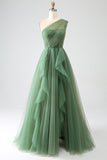 Dark Green Tulle A-Line One-Shoulder Long Prom Dress with Slit