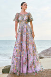 Mauve Ball-Gown/Princess Long Embroidered Prom Dress with Short Sleeves