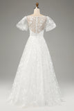 Ivory A-Line Puff Sleeves Wedding Dress with Appliques