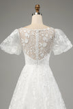 Ivory A-Line Puff Sleeves Wedding Dress with Appliques