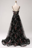 Black A-Line Flower Sequins Long Corset Prom Dress