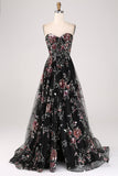 Black A-Line Flower Sequins Long Corset Prom Dress