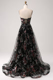 Black A-Line Flower Sequins Long Corset Prom Dress