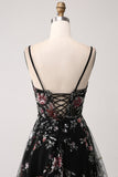 Black A-Line Flower Sequins Long Corset Prom Dress