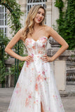 Ivory Flower A Line Sweetheart Embroidered Corset Long Prom Dress with Slit