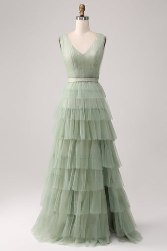 Pleated Tiered Green Prom Dress with Slit