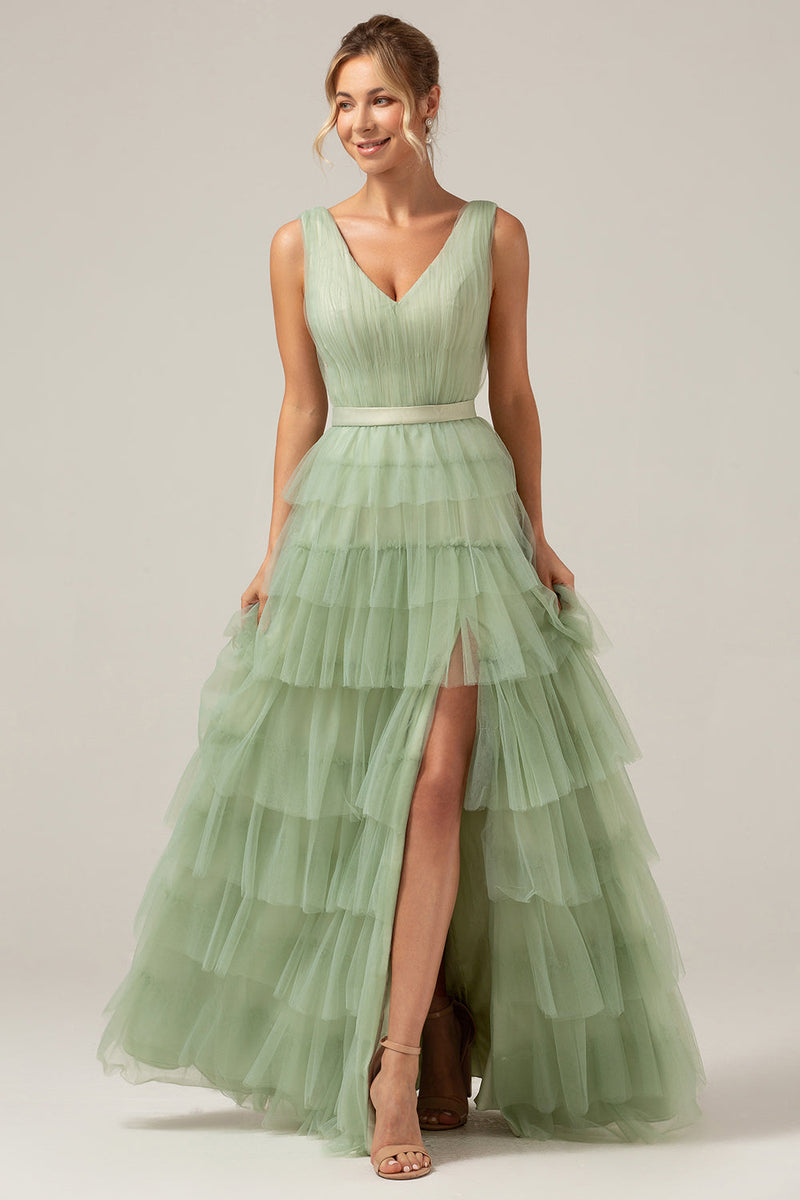 Load image into Gallery viewer, Green Tiered A Line V-Neck Tulle Long Prom Dress with Slit