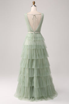Pleated Tiered Green Prom Dress with Slit
