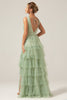 Load image into Gallery viewer, Green Tiered A Line V-Neck Tulle Long Prom Dress with Slit