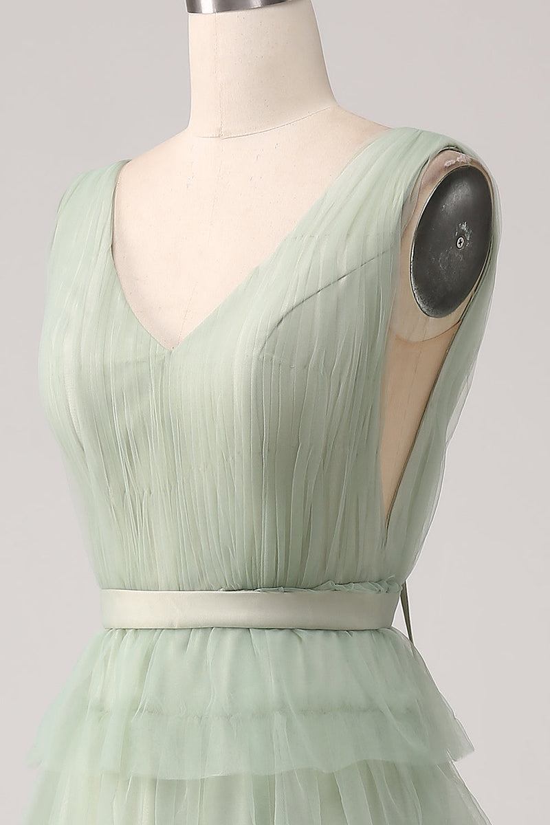 Load image into Gallery viewer, Pleated Tiered Green Prom Dress with Slit