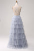 Load image into Gallery viewer, Grey Blue A Line Tiered Tulle Backless Long Prom Dress