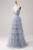Load image into Gallery viewer, Grey Blue A Line Tiered Tulle Backless Long Prom Dress