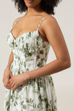 Green A-Line Spaghetti Straps Printed Pleated Long Bridesmaid Dress With Slit