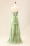 A-Line Strapless Matcha Tiered Long Bridesmaid Dress with Ruffles