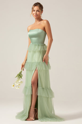 Matcha A-Line Strapless Long Bridesmaid Dress with Ruffles