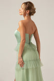 Matcha A-Line Strapless Long Bridesmaid Dress with Ruffles