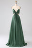 Load image into Gallery viewer, Spaghetti Straps Ruffles Green Hollow-out Long Bridesmaid Dress
