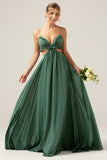 Eucalyptus Spaghetti Straps Hollow-out Long Bridesmaid Dress with Ruffles