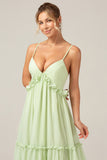 Green A Line Ruffles Long Maternity Bridesmaid Dress with Lace-up Back