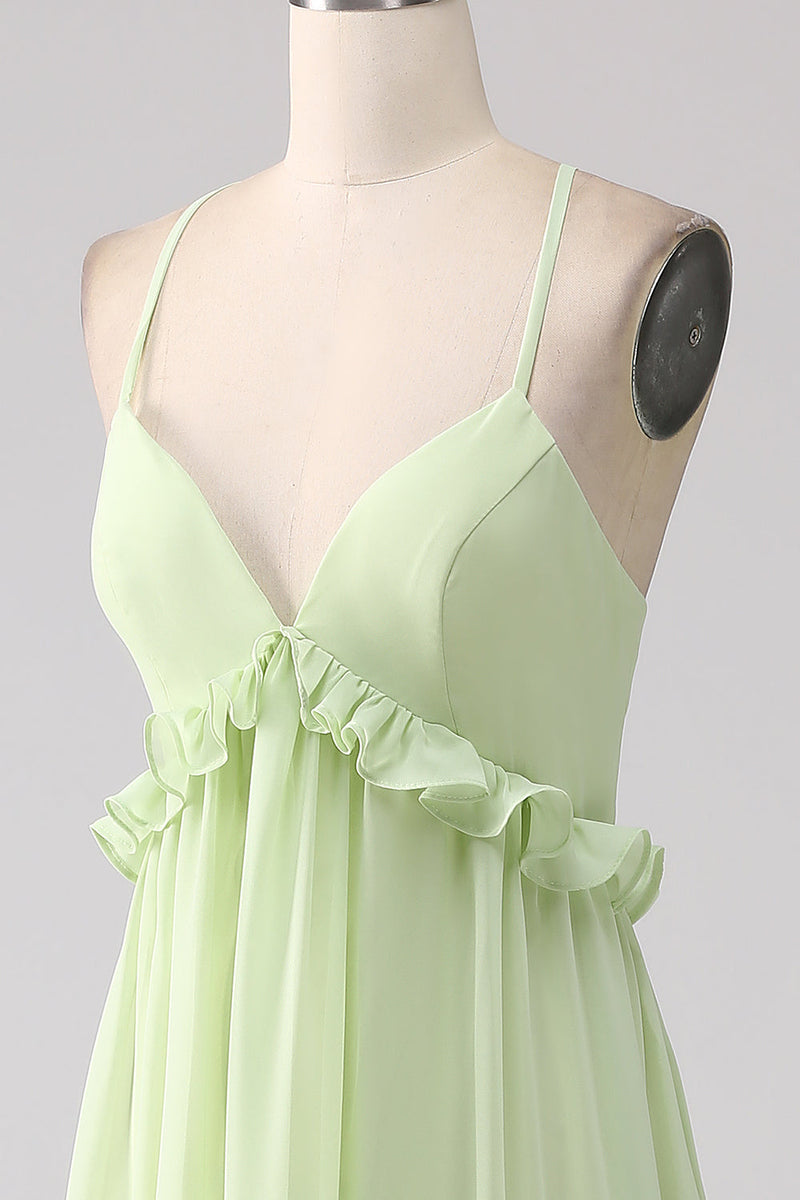 Load image into Gallery viewer, Ruffles A Line Green Bridesmaid Dress with Lace-up Back