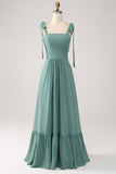 A Line Chiffon Green Long Bridesmaid Dress with Pleated